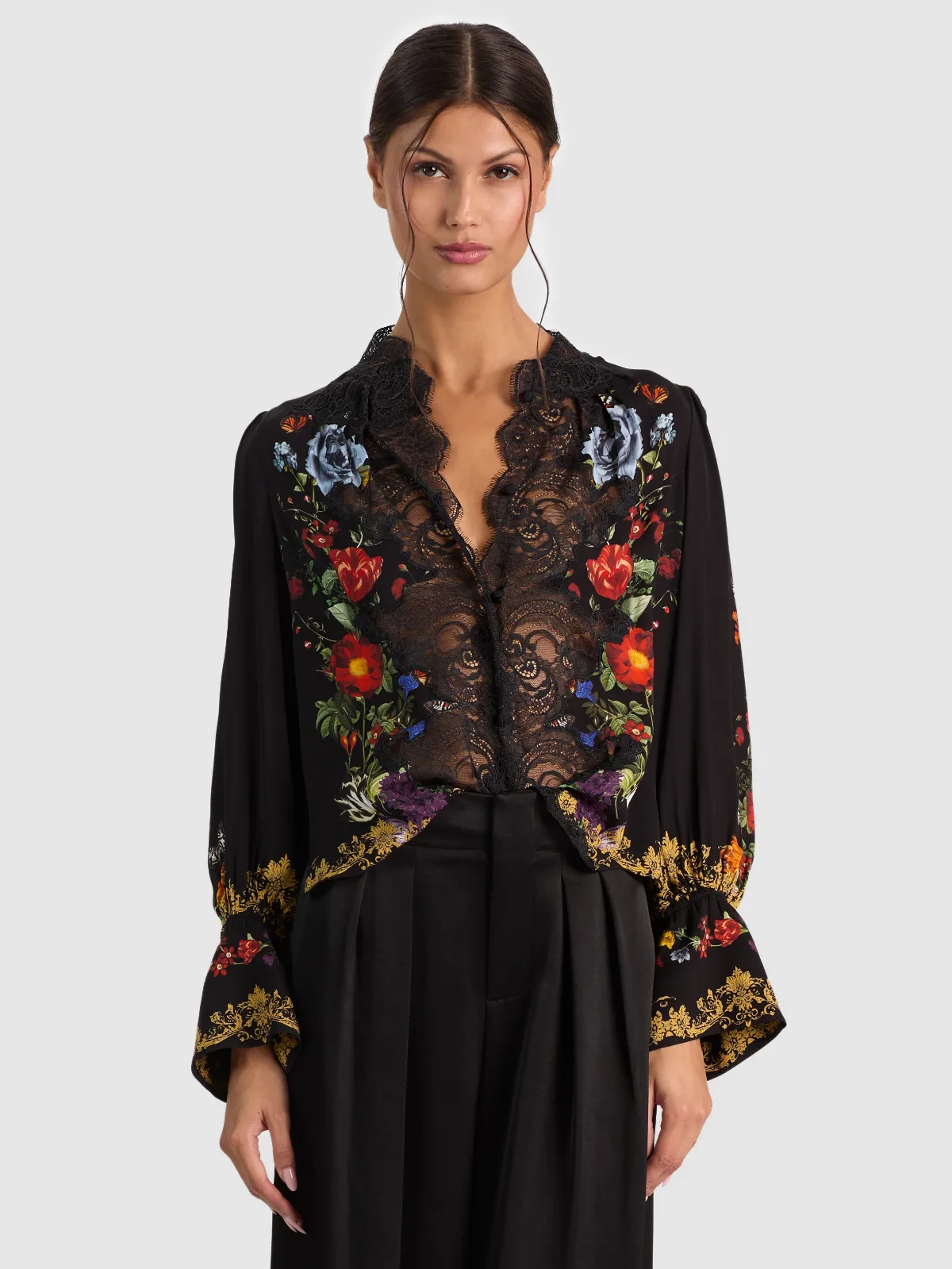 Marion Cutaway Lace Mock Neck Pleated Fit Blouse by Alice + Olivia