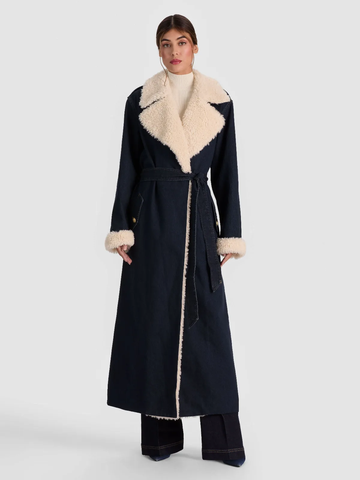 Nevada Faux Shearling Denim Trench Coat by Alice + Olivia
