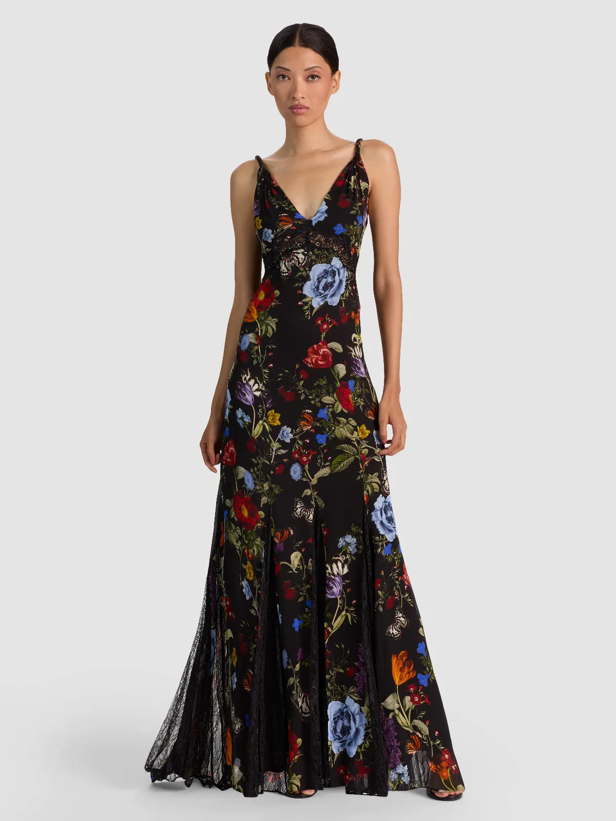 Nisa Cutaway Lace Twist Strap Tie Bk Godet Maxi Dress by Alice + Olivia
