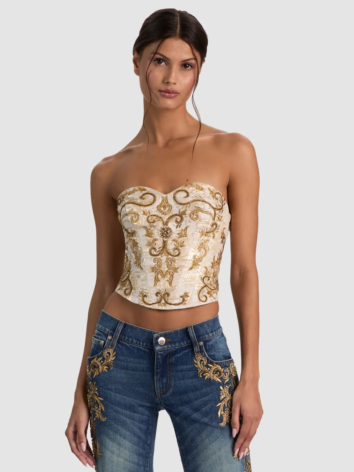 Alecia Embellished Strapless Bustier Top by Alice + Olivia