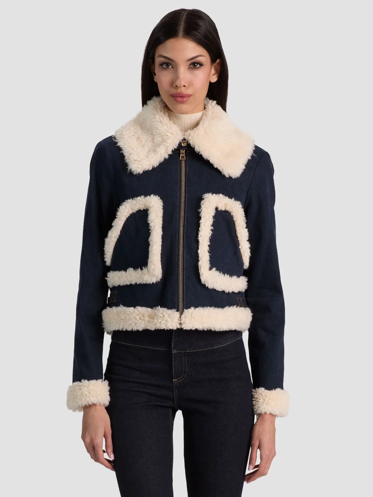 Isaiah Faux Shearling Denim Aviator Jacket by Alice + Olivia