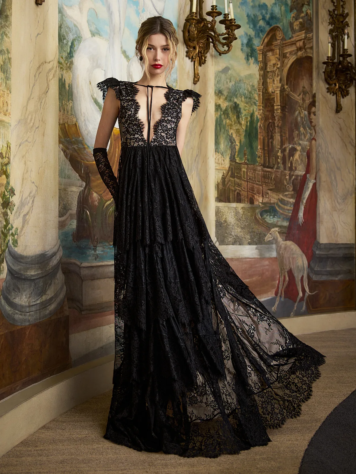 Rosemarie Plunging V Ruffle Bk Lace Gown by Alice + Olivia