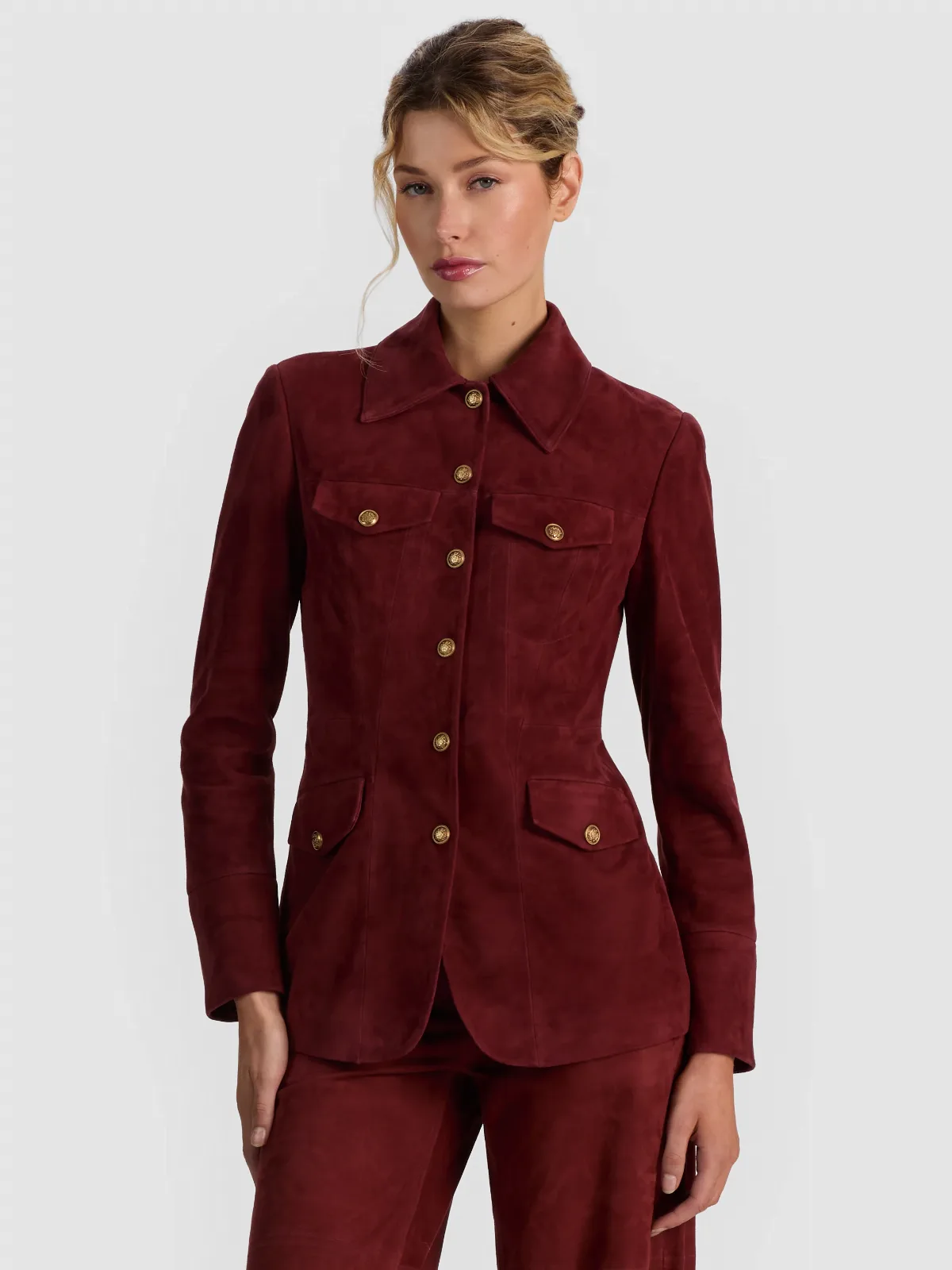 Dorothie Suede Button Front Jacket by Alice + Olivia