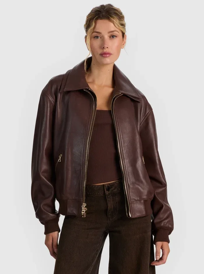 Collins Double Layer Leather Jacket by Alice + Olivia