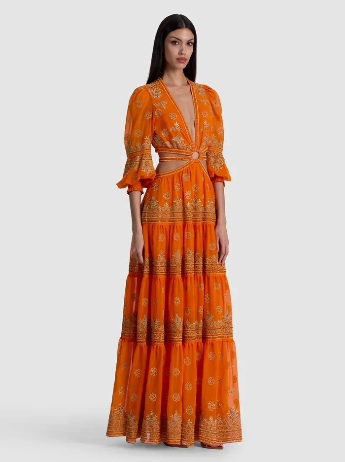 Patrica Embell Tiered Ruffle Maxi Dress by Alice + Olivia