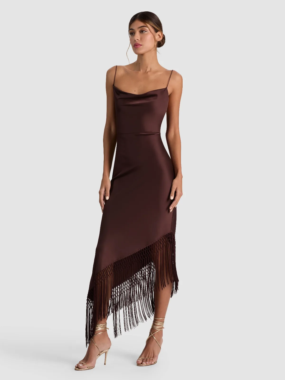 Harmony Drapey Slip Asymm Midi Dress W Fringe by Alice + Olivia