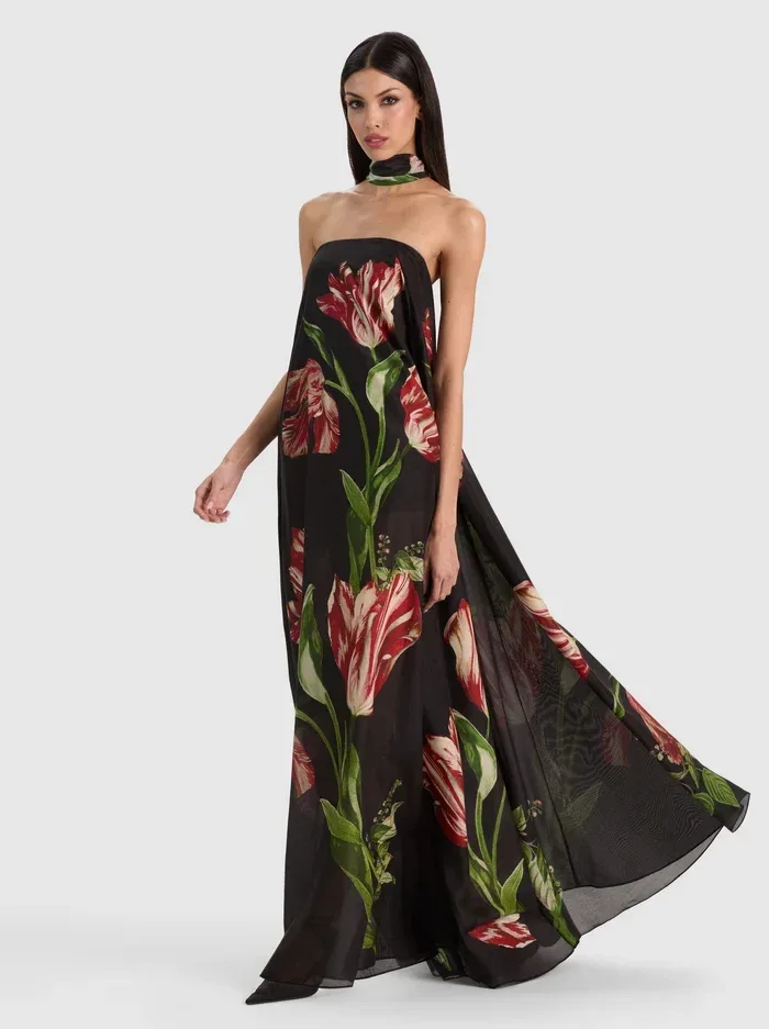 Maricela Strapless Voluminous Maxi Dress W Scarf