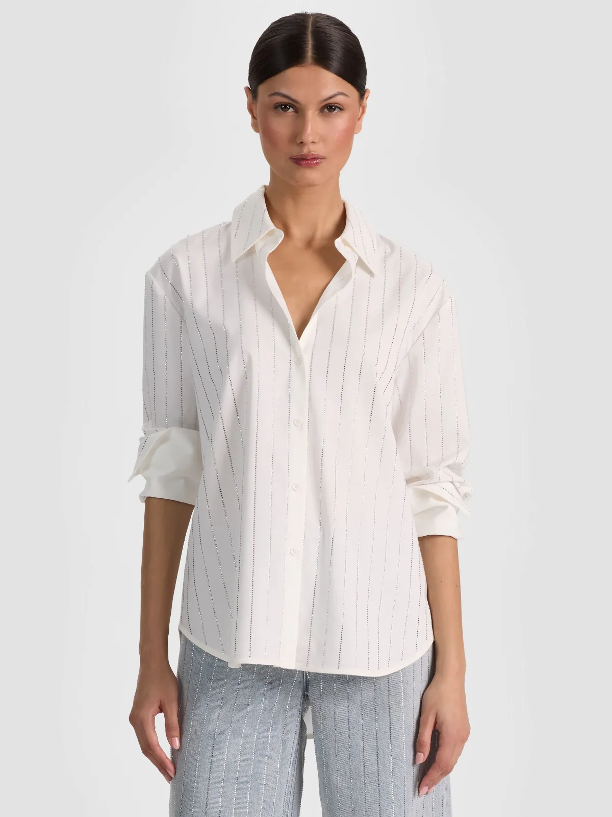 Finely Embellished Oversized Button Down - Off White/Clear Crystal Pinstr by Alice + Olivia