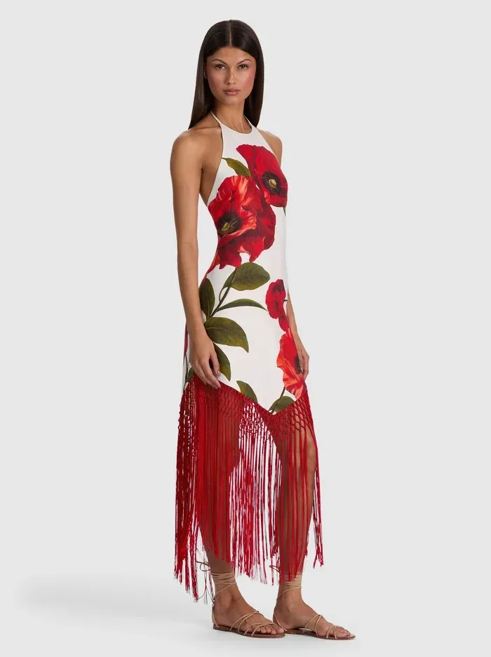Mallory Linen Fringe Midi Dress by Alice + Olivia