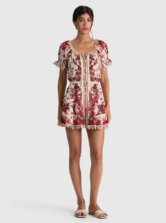 Mclaine Embr Puff Slv Btn Dwn Tiered Mini Dress by Alice + Olivia