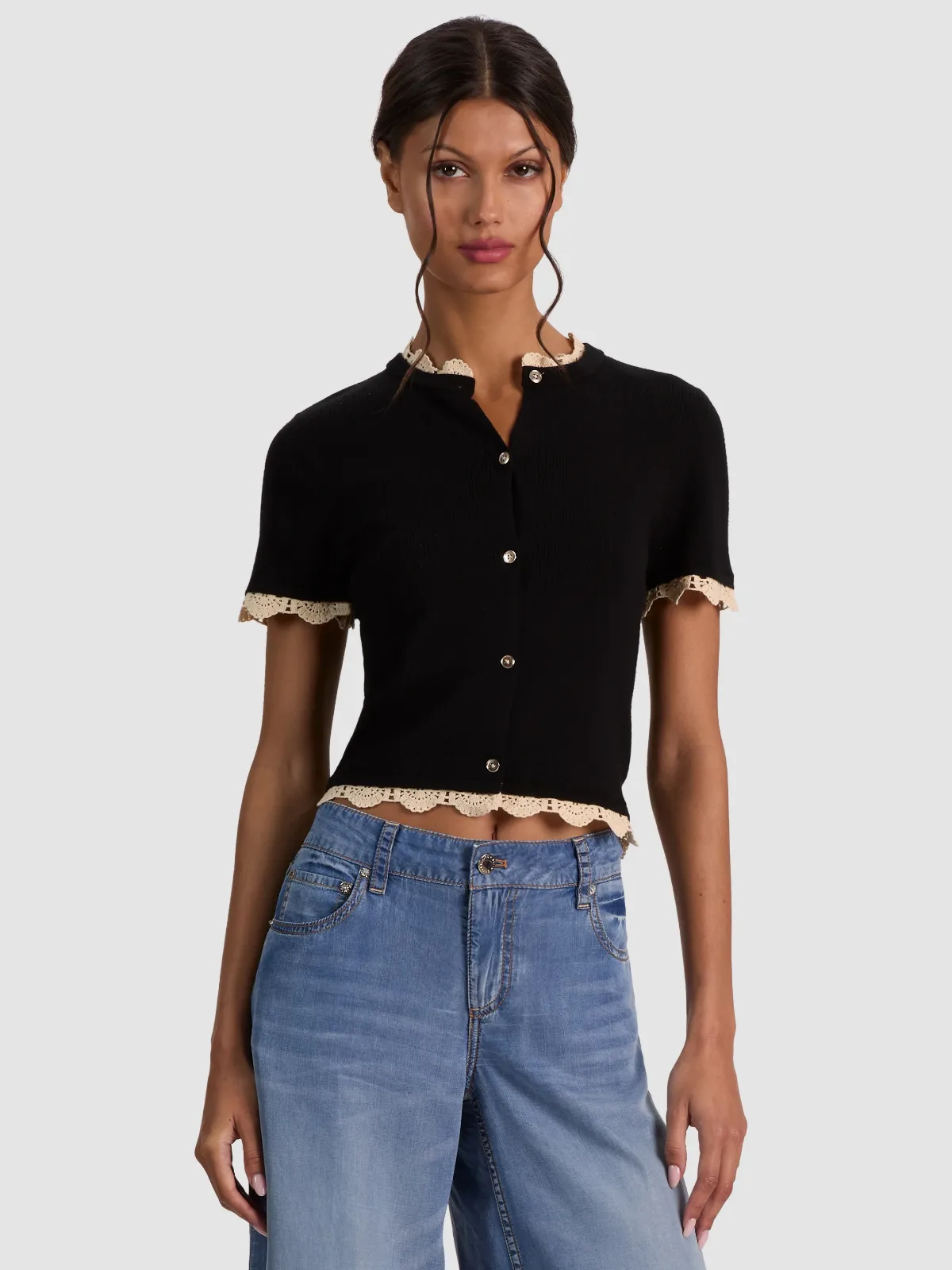 Ciara Lace Trim Cardigan - Black/Natural by Alice + Olivia