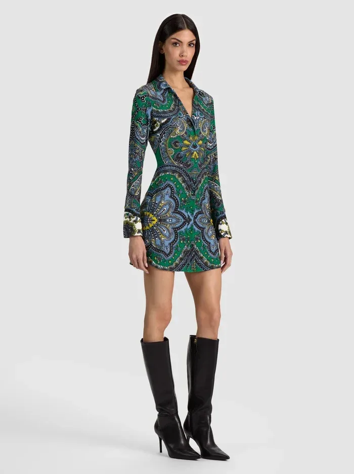 Freya Button Down Dress - Bon Voyage Deep Emerald by Alice + Olivia