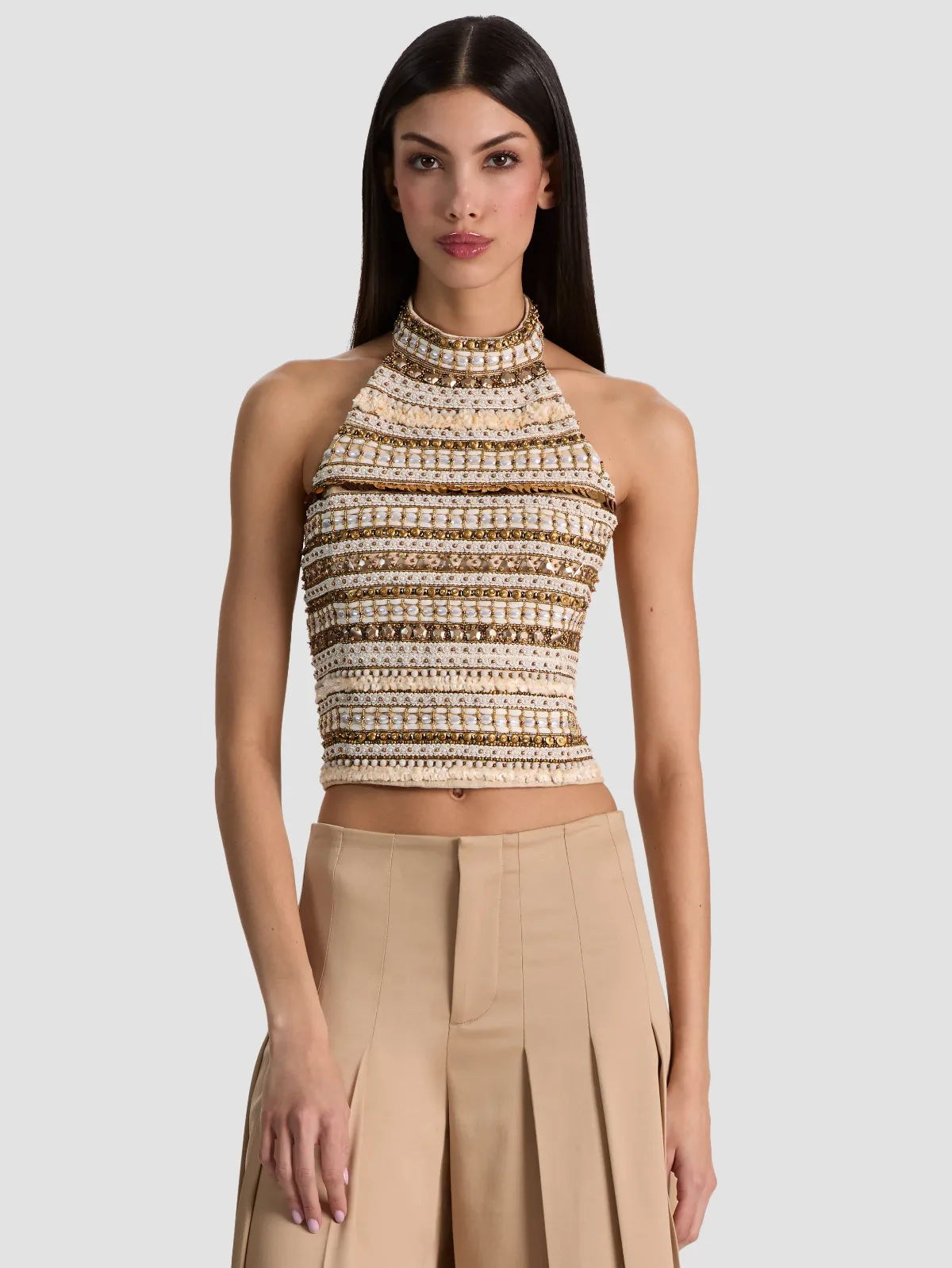 Gatz Linen Embellished Top - Oatmeal/Multi