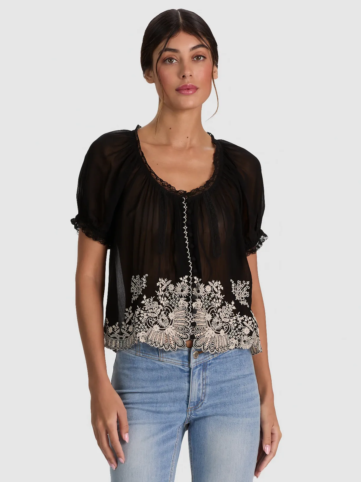 Odette Embroidered Puff Sleeve Top by Alice + Olivia