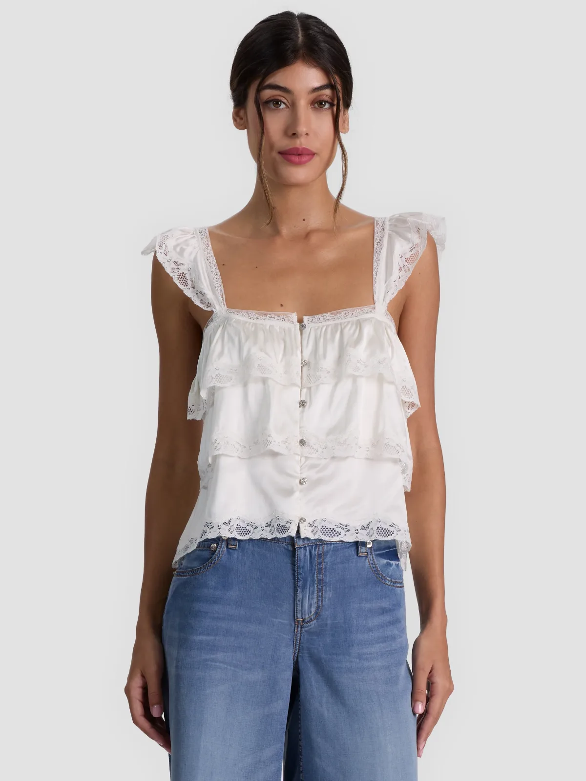 Sylvie Tiered Lace Crop Top by Alice + Olivia
