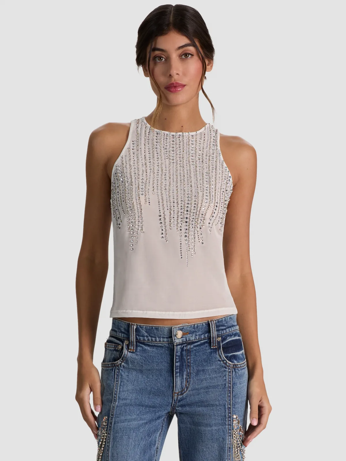 Pania Embellished Tank - Off White/Clear Crystal by Alice + Olivia