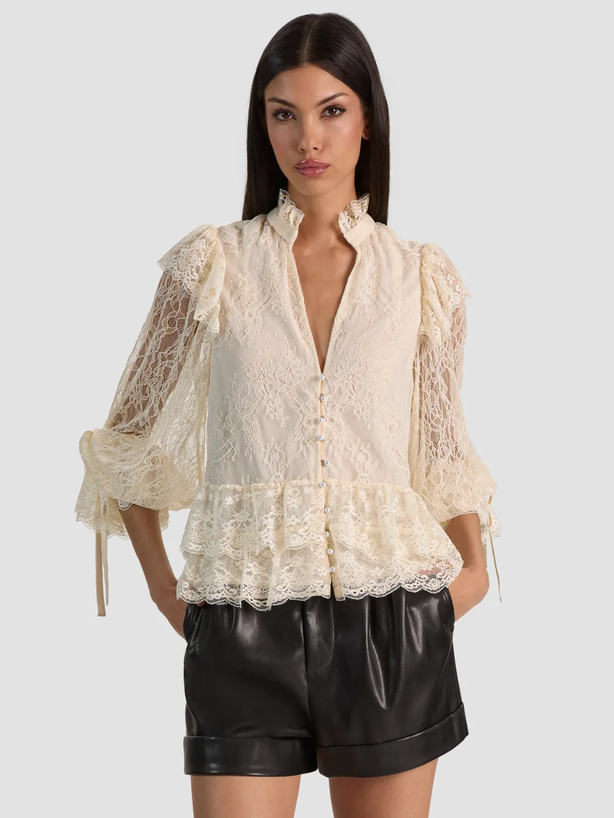 Wilhelmina Lace Ruffle Top by Alice + Olivia