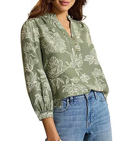 Breezy Blooms Woven Floral Print Split V-Neck 34 Sleeve Blouse by Tommy Bahama