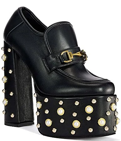 Justified Bit Buckle Pearl Studded Platform Block Heel Loafer Pumps by Azalea Wang