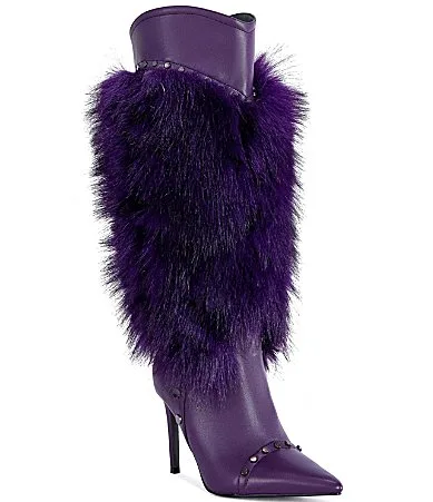 Alisette Faux Fur Studded Pointed Toe Tall Dress Boots by Azalea Wang