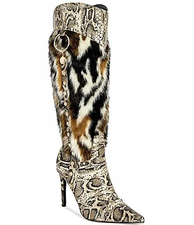 Alisette Snake Print and Calico Tiger Faux Fur Studded Pointed Toe Tall Dress Boots by Azalea Wang