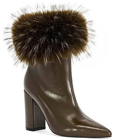 Borough Faux Fur Collar Pointed Toe Block Heel Dress Booties