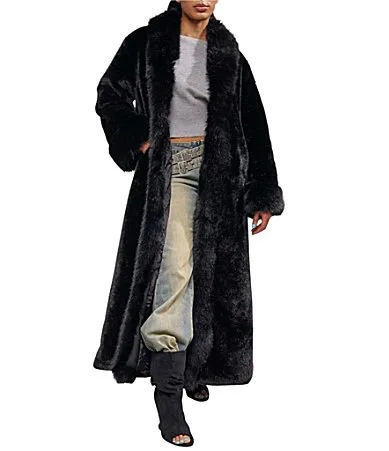 Josefina-Black Faux Fur Shawl Collar Long Trench Coat by Azalea Wang