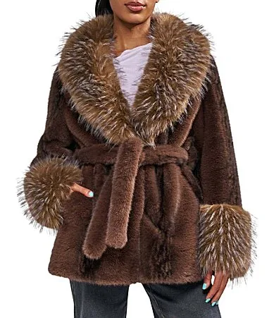 Evara-Chocolate Faux Fur Shawl Collar Belted Wrap Jacket by Azalea Wang
