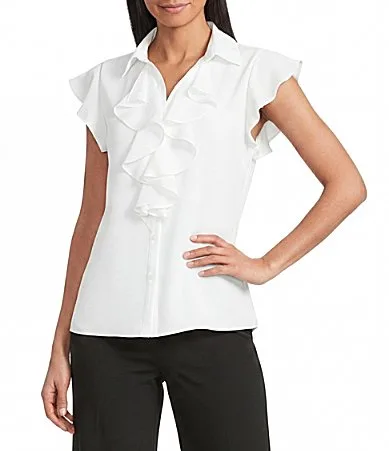 Collared V-Neck Flutter Sleeve Ruffle Button Front Blouse by Jones New York