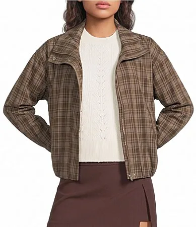 Cooper Plaid Funnel Neck Long Sleeve Jacket by ASTR