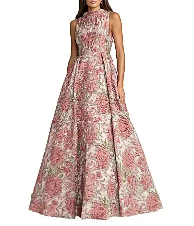 Mac Duggal Floral Brocade Reverse Collar a Line Gown
