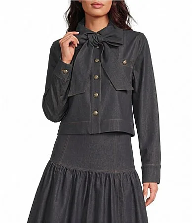Tie Neck Long Sleeve Coordinating Denim Jacket by A Loves a