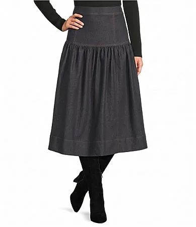 High Rise A-Line Coordinating Denim Midi Skirt by A Loves a