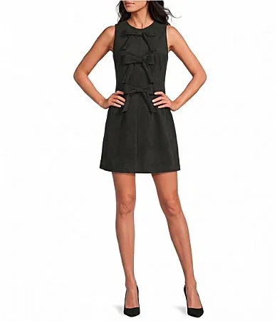 Suede Triple Bow Front Scoop Neck Sleeveless A-Line Mini Dress by A Loves a