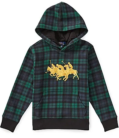 Long Sleeve Triple Pony Plaid Fleece Hoodie by Polo Ralph Lauren