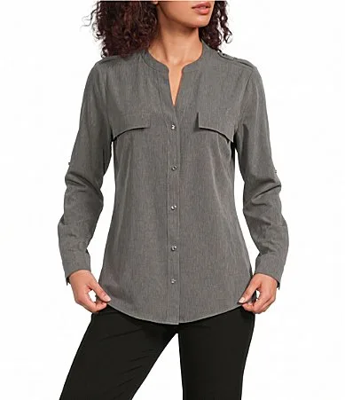 Woven Collarless Long Sleeve Roll Tab Blouse by Calvin Klein