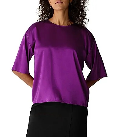 Stretch Silk Charmeuse Round Neck Elbow Sleeve Top by Eileen Fisher
