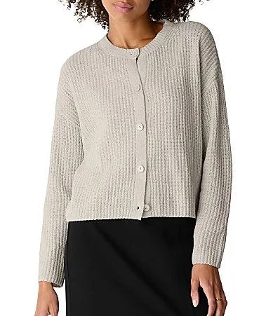 Organic Cotton Chenille Crew Neck Long Dropped Shoulder Sleeve Button-Front Cardigan by Eileen Fisher