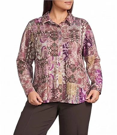 Patchwork Long Sleeve Point Collar Button Front Top by Allison Daley