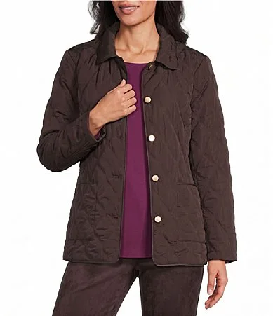 Diamond Stitch Woven Quilt Long Sleeve Button Front Jacket by Allison Daley