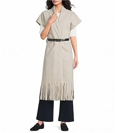 Brushed Melton Shawl Collar Short Sleeve Fringed Cardigan by M Made in Italy
