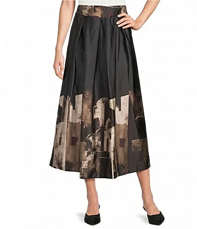 Woven Satin Border Print A-Line Pleated Skirt by M Made in Italy