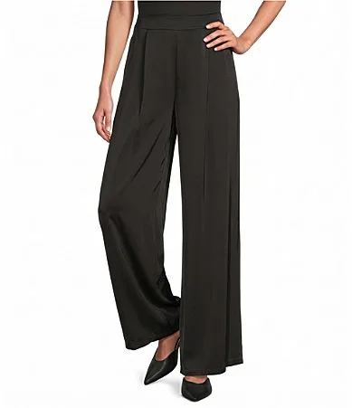 Woven Satin High Rise Flat Front Wide Leg Pull on Pants