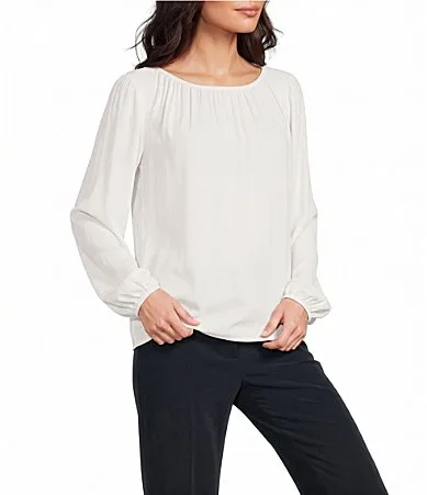 Woven Boat Neck Long Sleeve Top