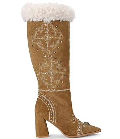 London Boho Suede Embroidered Fold Over Faux Fur Embellished Tall Dress Boots by Kurt Geiger