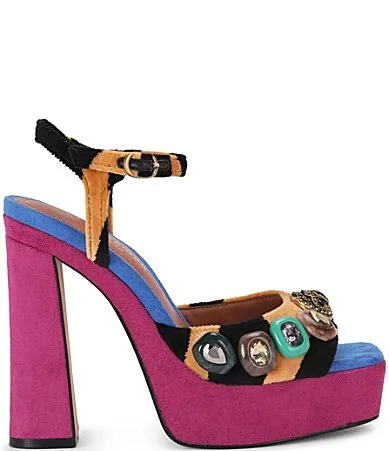 London Chelsea Velvet Tiger Colorblock Gem Ornament Platform Peep Heels by Kurt Geiger