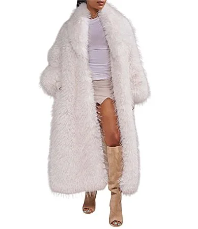 Vault-White Faux Fur Lapel Neck Long Trench Coat by Azalea Wang