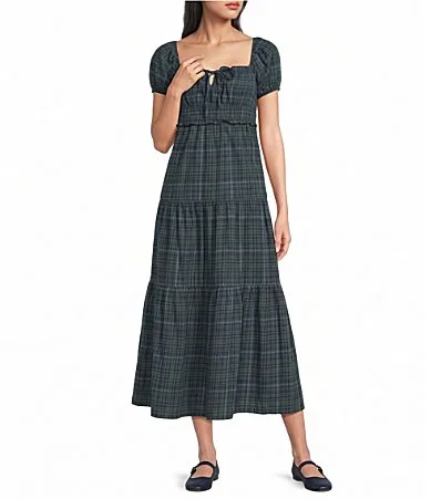 Plaid Short Puff Sleeve Maxi Dress by Evolutionary