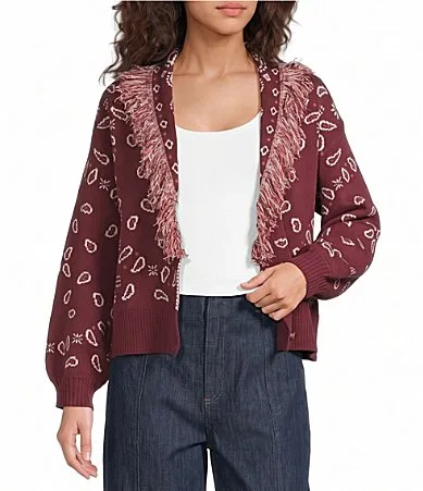 Bandana Printed Fringe Shawl Collared Long Sleeve Cropped Cardigan Sweater by Sugarlips