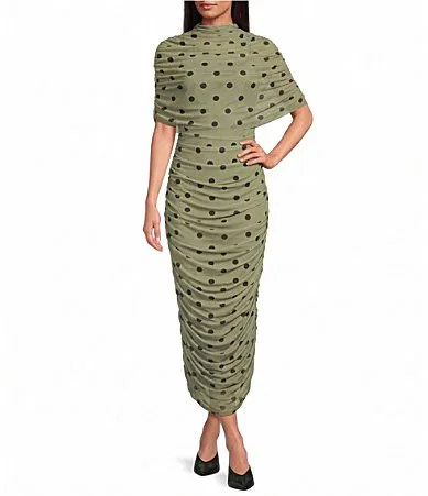 Jenn Polka Dot Mock Neck Half Sleeve Ruched Mesh Midi Dress by Sugarlips